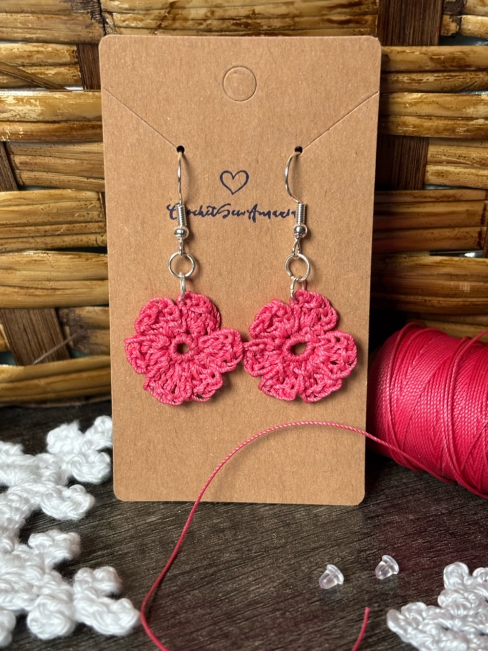 NEW Handmade Pink Crochet Flower Earrings - Lightweight Women’s Jewelry